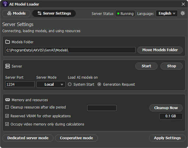 Model Loader: Server Settings tab