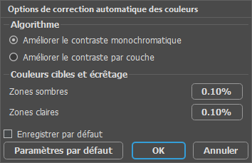 Options de correction automatique des couleurs