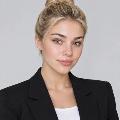 Result: woman in a business blazer with a neat hairstyle