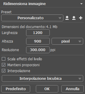 Finestra di dialogo Ridimensiona immagine Finestra di dialogo Ridimensiona immagine