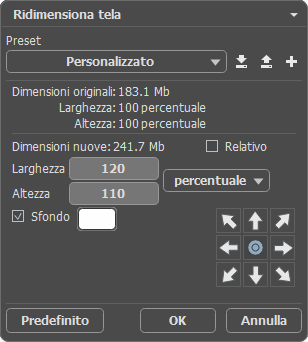 Dimensioni tela Canvas Size Dialog Box