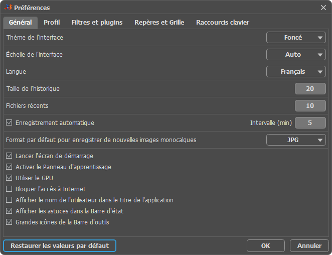 Fenêtre Préférences : Paramètres Généraux