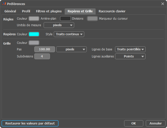 Fenêtre Préférences : Repères et Grille