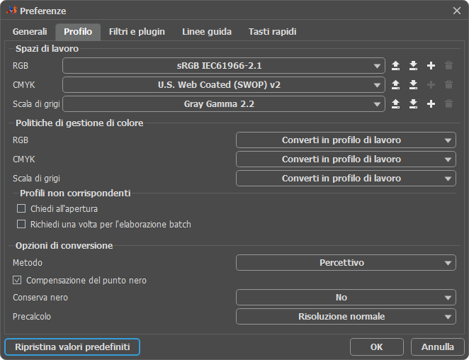 Preferenze di AliveColors: Scheda Profilo Preferenze di AliveColors: Scheda Profilo