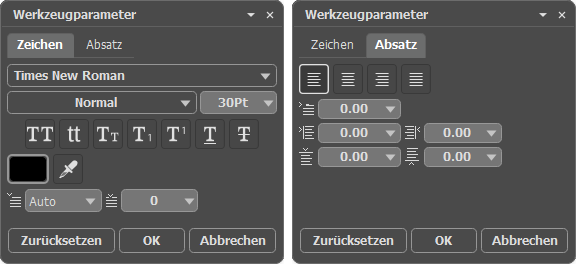 Parameter des Text-Werkzeuges Parameter des Text-Werkzeuges